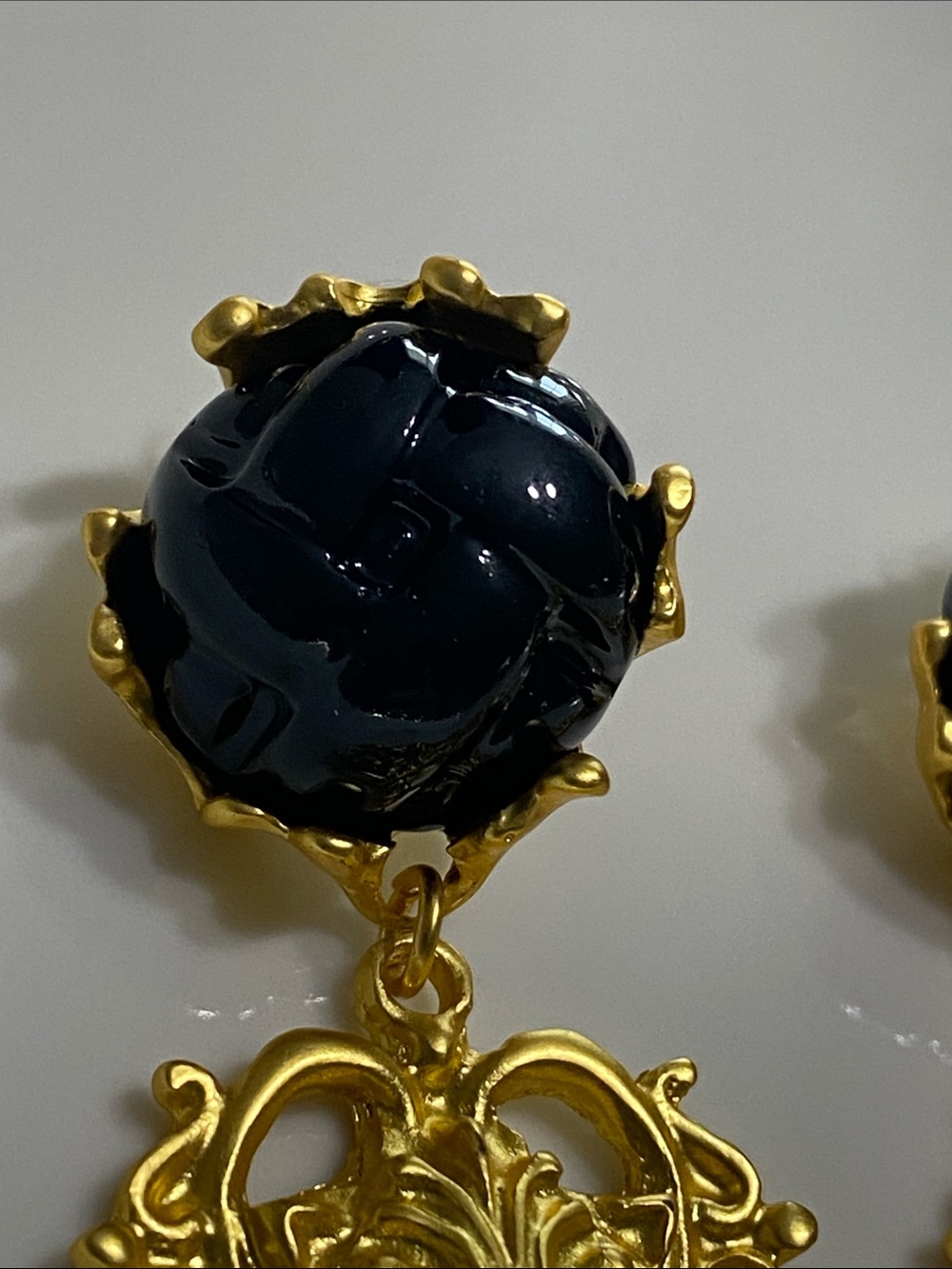 Matte Gold Filigree Lion Drop Earrings with Black Cabochon - Picture 2 of 5